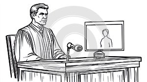 Judge in Wig and Gown at Desk with Gavel and Video Screen