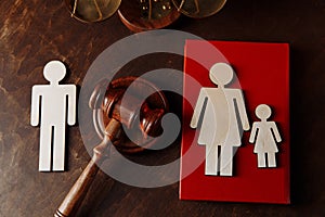 Judge's gavel and family wooden figures. Family law and divorce concept