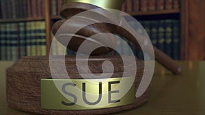 Judge`s gavel hitting the block with SUE inscription. 3D rendering