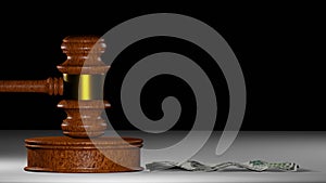 Judge's gavel and money. Chairman's gavel. Sentencing Illustration. 3D render.