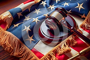 Judge& x27;s gavel resting on an American flag, concept judicial or governmental system.