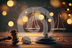 Judge\'s gavel and Scales of Justice with bokeh background. Judicial law concept, Generative AI