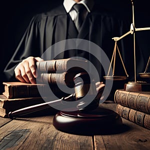 Judge\'s gavel sits on the bench of a court room