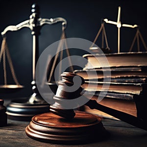 Judge\'s gavel sits on the bench of a court room