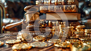 Judge's gavel on the table covered with money and gold coins, concept law and order corruption