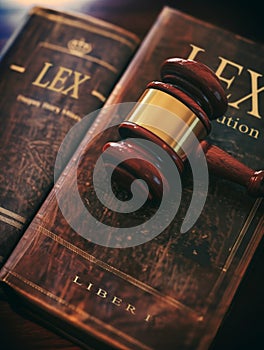 A judge\'s gavel in wood placed on an old law book in latine.