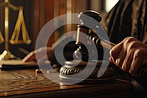 Judge's Hammer Close-Up, Verdict Concept, Justice Symbol, Traditional Judge Hammer on Court Table