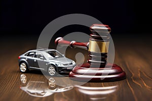 Judge's hammer or gavel and car model on desk in courthouse. Concept of lawyer services, civil court trial