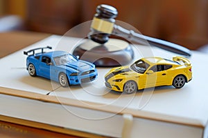 Judge's hammer or gavel and two car models on desk in courthouse. Concept of lawyer services, civil court trial