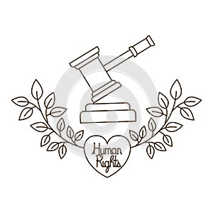 Judge`s hammer and human rights in heart with leaves isolated icon