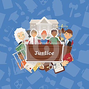 Judge vector justice law court and legal judgment of people character criminal character in prison backdrop illustration