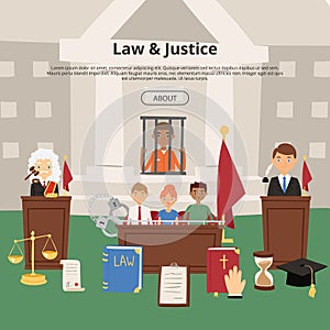 Judge vector justice law court and legal judgment of people character criminal character in prison backdrop illustration