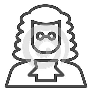 Judge in a wig line icon. A lawyer with peruke and glasses. Jurisprudence design concept, outline style pictogram on