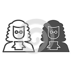 Judge in a wig line and solid icon. A lawyer with peruke and glasses. Jurisprudence design concept, outline style