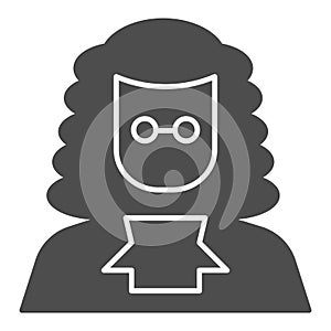 Judge in a wig solid icon. A lawyer with peruke and glasses. Jurisprudence design concept, glyph style pictogram on