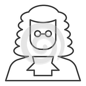 Judge in a wig thin line icon. Lawyer with peruke and glasses. Jurisprudence design concept, outline style pictogram on