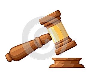 Judge wood hammer. Gavel in cartoon style. Ceremonial mallet for auction, judgment. Vector illustration isolated on white backgrou