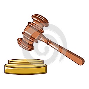Judge wood hammer icon, cartoon style