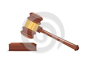 Judge wood hammer with a wooden stand. Gavel justice symbol