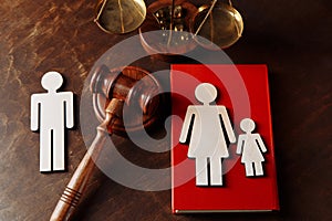 Judge's gavel divide family wooden figures. Family law book and divorce