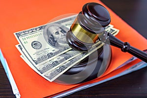 Judges Or Auctioneer Gavel On The Dollar Cash Background, Top View, Close-Up. Concept For Corruption, Bankruptcy, Bail, Crime,