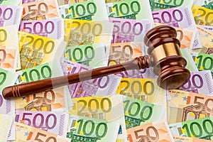 Judges gavel and euro banknotes photo