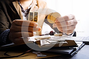 Judges Gavel And Scale Of Justice On The Black Table Background In Back Light. Overhead View. Law Concept. Abstract Web Banner