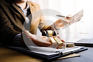 Judges Gavel And Scale Of Justice On The Black Table Background In Back Light. Overhead View. Law Concept. Abstract Web Banner