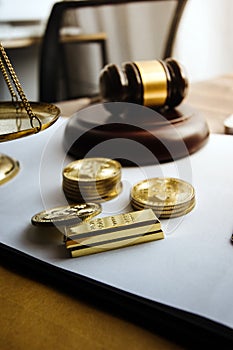 Judges Gavel And Scale Of Justice On The Black Table Background In Back Light. Overhead View. Law Concept. Abstract Web Banner