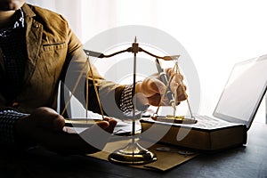 Judges Gavel And Scale Of Justice On The Black Table Background In Back Light. Overhead View. Law Concept. Abstract Web Banner