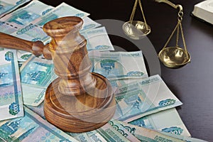 Judges Gavel, Scale, Old Book And Russian Cash On Table