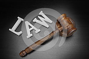 Judges Gavel And Sign Law On Wood Background, Top View