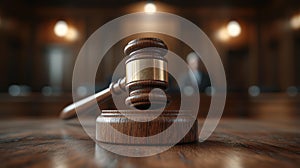 A judges gavel on a wooden block, signifying legal decisions, with a blurred judge in the courtroom background photo