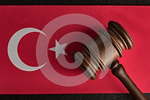 Judges hammer on the flag of Turkey. Close up. Law and Justice . Constitutional law