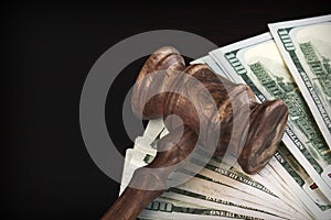 Judges Hammer or Gavel With Money Heap On Black Background