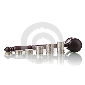 Judges law gavel with coins
