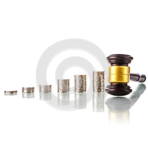 Judges law gavel with coins