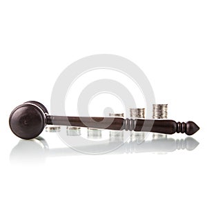 Judges law gavel with coins