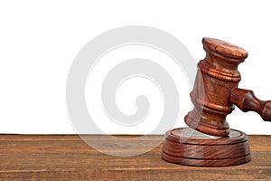 Judges Wood Desk With Gavel On The Sound Board Isolated