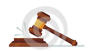 Judges wooden hammer. Judicial decision, hammer blow for rule of law and judged by laws concept cartoon vector
