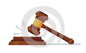 Judges wooden hammer. Judicial decision, hammer blow for rule of law and judged by laws concept cartoon vector illustration
