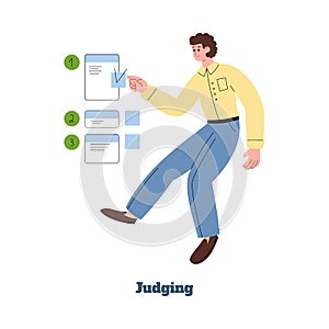 Judging person of MBTI types or models, flat vector illustration isolated.