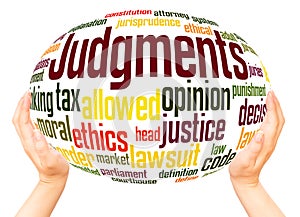 Judgments word cloud hand sphere concept photo
