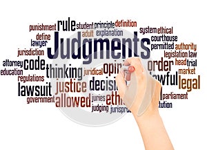 Judgments word cloud hand writing concept photo