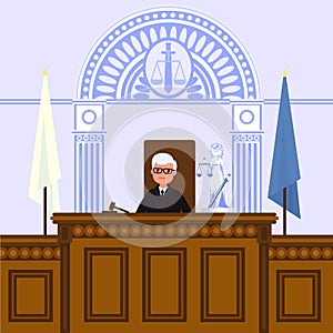 Judical court interior. The judge is sitting in the courtroom.