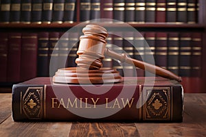 Judicial authority symbolized by gavel on FAMILY LAW book in scholarly setting.