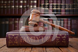 Judicial authority symbolized by gavel on FAMILY LAW book in scholarly setting.