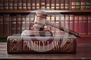 Judicial authority symbolized by gavel on FAMILY LAW book in scholarly setting.