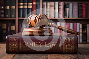 Judicial authority symbolized by gavel on FAMILY LAW book in scholarly setting.