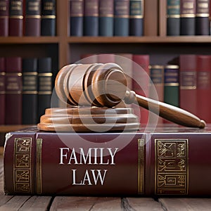 Judicial authority symbolized by gavel on FAMILY LAW book in scholarly setting.